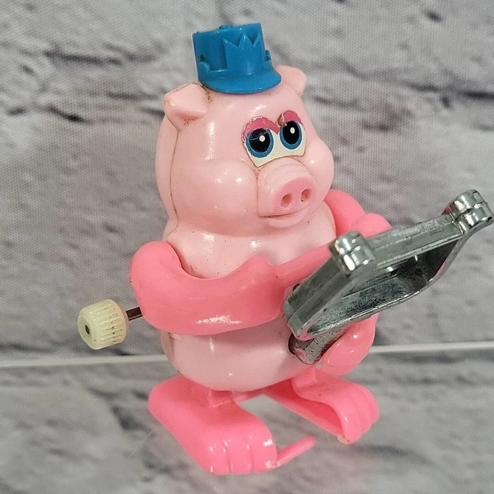 Vintage TOMY Wind Up Toy Pink Pig With‎ Xylophone Not So Grand Band 1980s